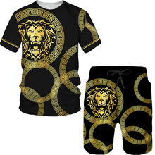 男式運動服T恤套裝獅子王3D打印夏季兩件套超大男式服裝原宿海灘