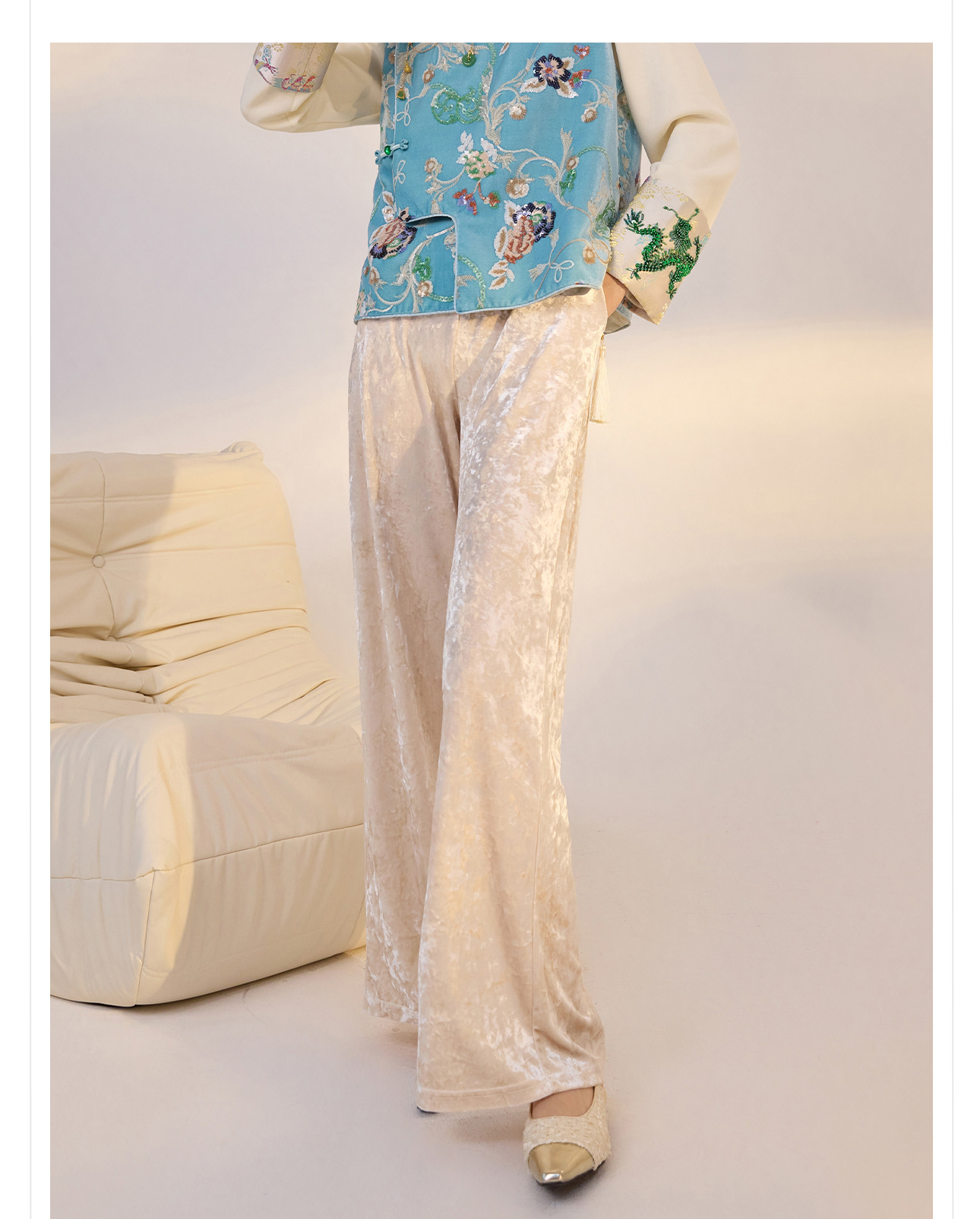 Quần ống rộng nhung lụa kiểu Trung Quốc mới, jacquard màu trơn, phong cách văn nghệ — Màu đen, Màu vàng, Màu hồng, Màu mơ chi tiết 8