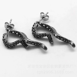 钛钢豪新品复古动物章鱼触角设计耳钉两件式长耳环个性男女耳饰