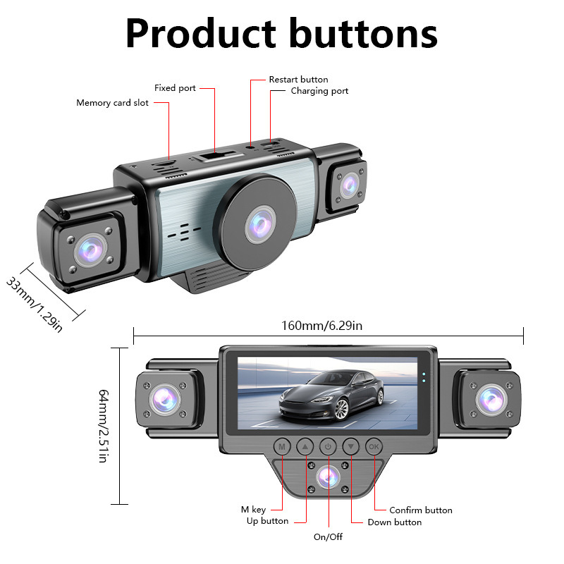 5-lens dashcam with infrared night vision, HDR ultra-clear video recording, WiFi mobile phone connectivity, and collision detection