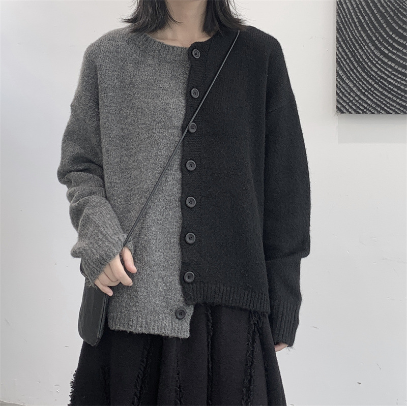 外贸不规则毛衣女外套秋冬新款复古小众拼色韩版慵懒风针织开衫女|undefined