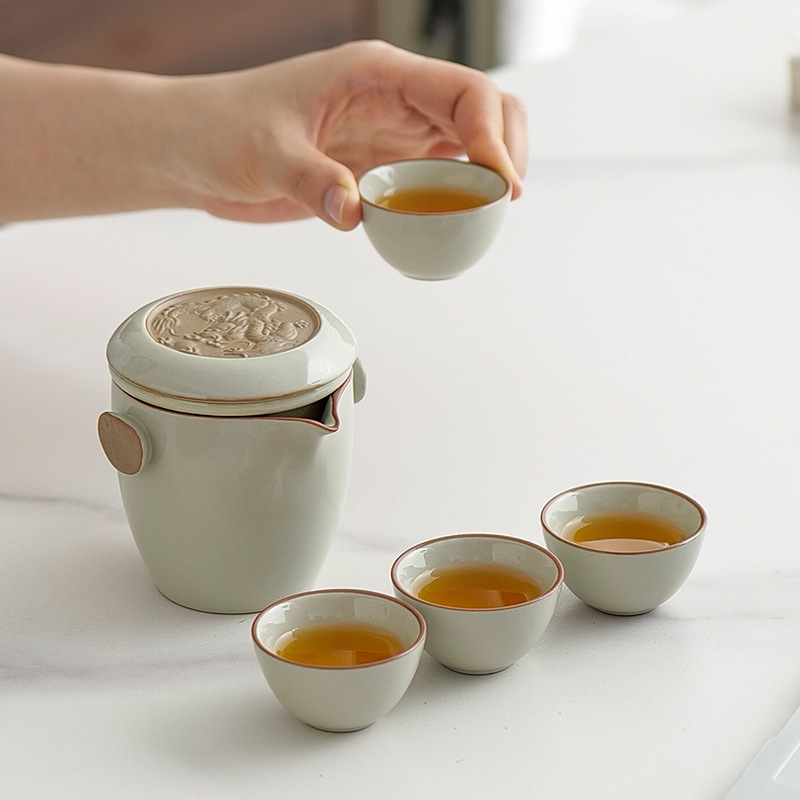 High-End Ru Kiln Travel Tea Set for One Person, Outdoor Teapot, Tea Cup, Portable Kung Fu Tea Set, Quick Cup