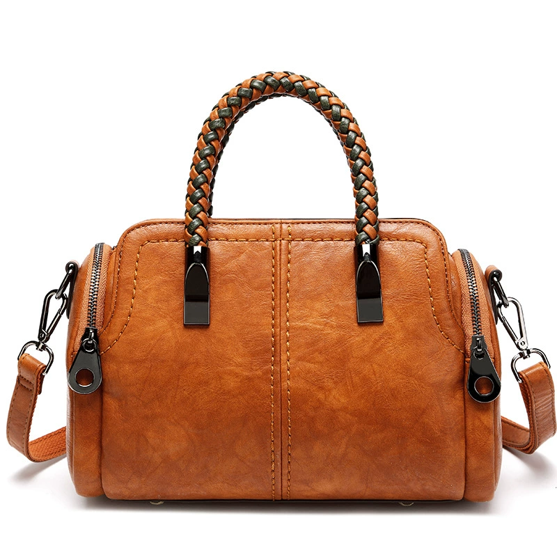 Capacious Boston Shoulder Bag, Genuine Leather, Woven Handles, 30×17.5×21 cm