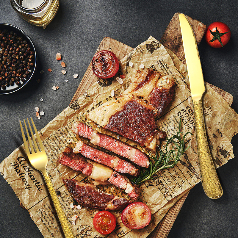 20/24/30 piezas traje Hotel Acero inoxidable vajilla cuchillo, tenedor y cuchara Amazon martillado occidental cuchillo de carne, tenedor y cuchara