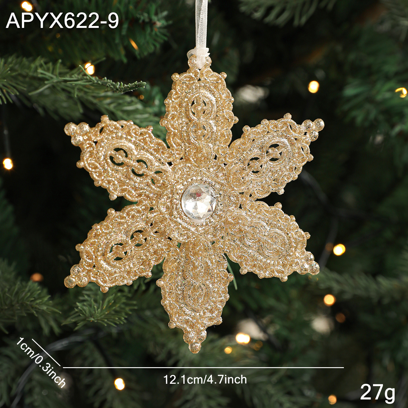 Polvo de champaña transfronterizo polvo de oro colgante retro copo de nieve amor plástico hueco decoración de árbol de Navidad colgante