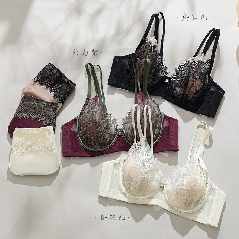 French-Style Color-Blocking Eyelash Lace Bra for Women, Comfortable Ultra-Thin Soft Underwire, Large Bust Gathering, Minimizing Side Breast Support Bra