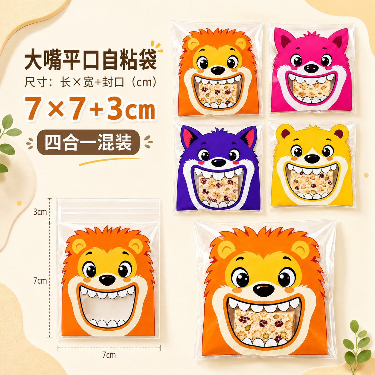 Bolsa autoadhesiva de dibujos animados para hornear embalaje bolsa de autosellado bolsa de galletas bolsa de bocadillos bolsa de dulces 7*7 + 3/100 piezas