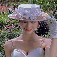 森系新款缎面花朵优雅礼帽结婚帽饰新娘婚纱照服装配饰影楼走秀样