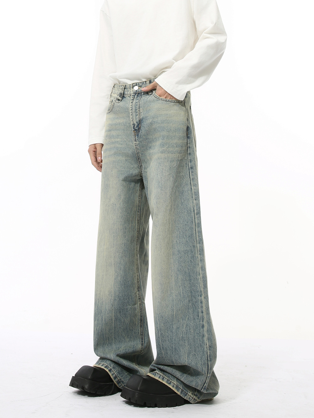 MTLCLOTHES Hombres| Meichao limpio fit nostálgico azul claro simple blanco molido suelto lavados jeans