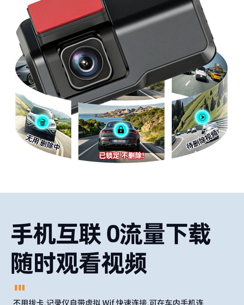Y HD 4K Dash Cam with front and rear dual recording, mobile app connectivity, 3inch IPS screen, loop recording, car equipment