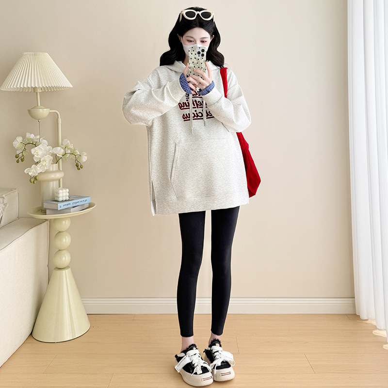实拍现货 秋冬复古印花连帽卫衣女秋季休闲宽松落肩孕妇上衣|undefined