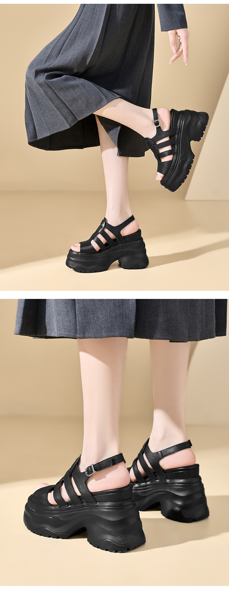 Sandal cao gót nữ da thật mũi hở gót platform 12cm — màu đen, màu trắng ngà chi tiết 8