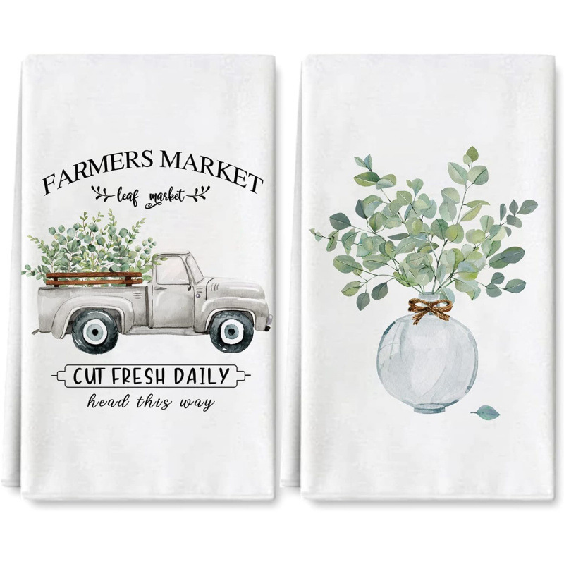 Farmhouse Kitchen Towels, Watercolor Greenery, Truck Dish Towels, Seasonal Country-Style Hand Drying Tea Towels, Cooking Cleaning Wipes