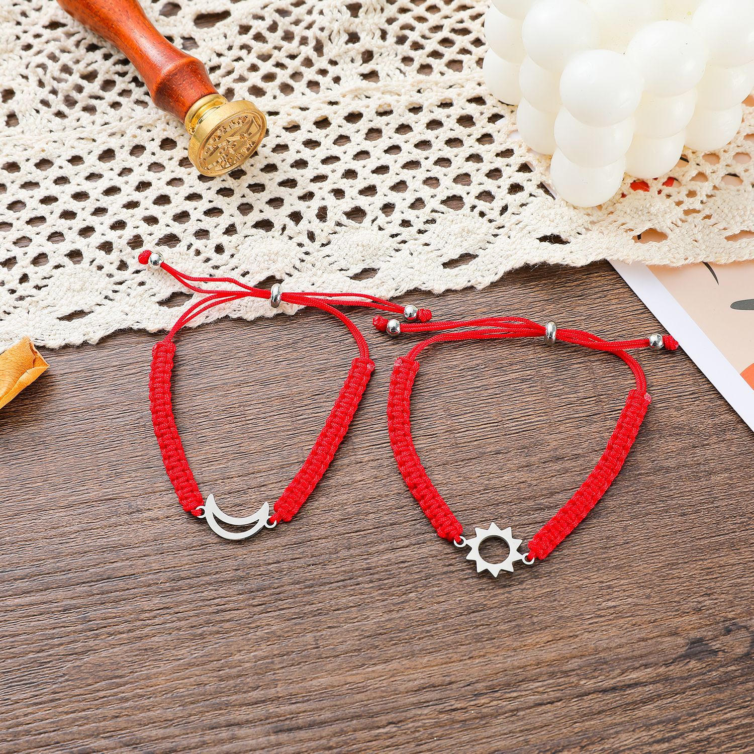 New Stainless Steel Sun And Moon Braided Red Rope Couple Bracelet Card Bracelet display picture 2