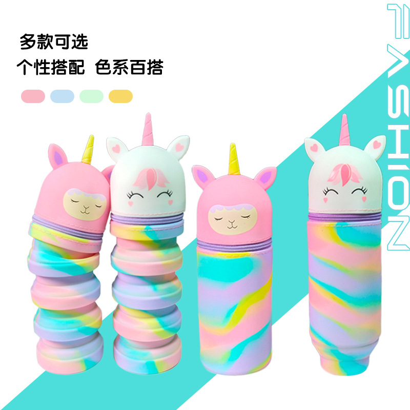 Animal encantador silicona de gran capacidad retráctil bolígrafo de cremallera bolsas de bolígrafo de papelería unicornio cilíndrico niños