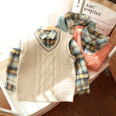 新款春裝新款兒童假兩件毛衣 韓版男童寸衫領寸衫袖麻花針織馬甲