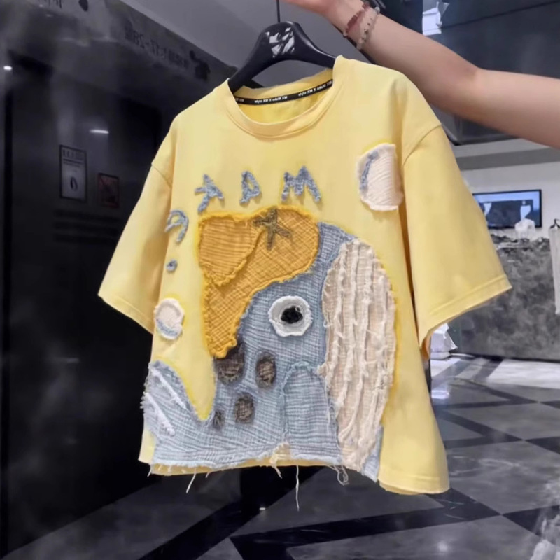 Plus Size 1.0-150kg New Loose Top with Whale Embroidery Cartoon Design Short-Sleeve T-Shirt for Women