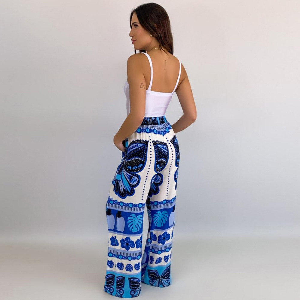 pantalones de playa rectos con estampado de pernera ancha y cintura alta de verano NSHYG118518