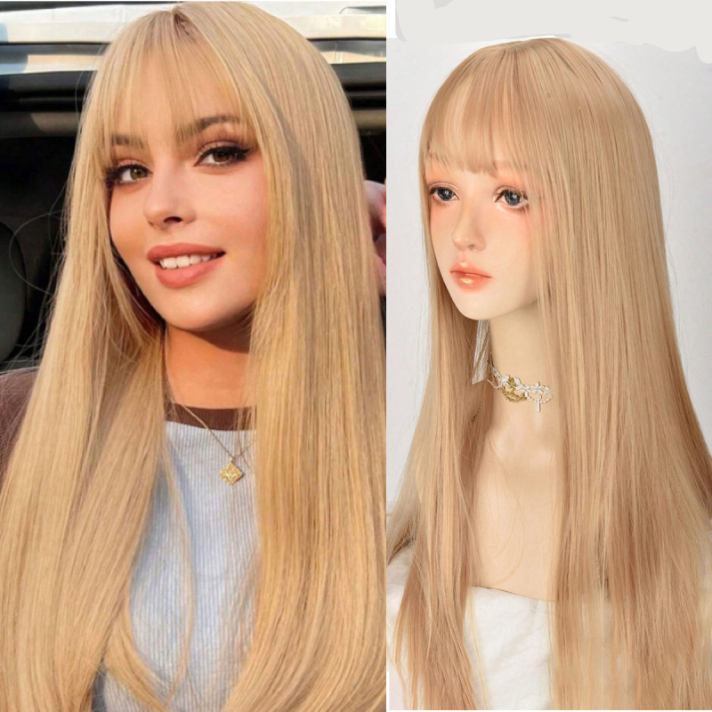 Wig Female Jk Air Bangs Long Straight Hair Headgear Popular Sexy Same Style Natural Artificial Daily Golden Full Blonde