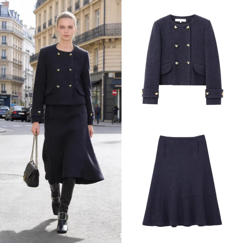 Foreign Trade Cross-Border Ready-Stock European and American Style Women's Casual Suit with Buttoned Embellishments, Blended Coat + Wool Blend Cape Skirt