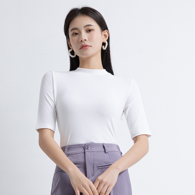 스레드 코튼 고탄성 반 높이 칼라 반소매 화이트