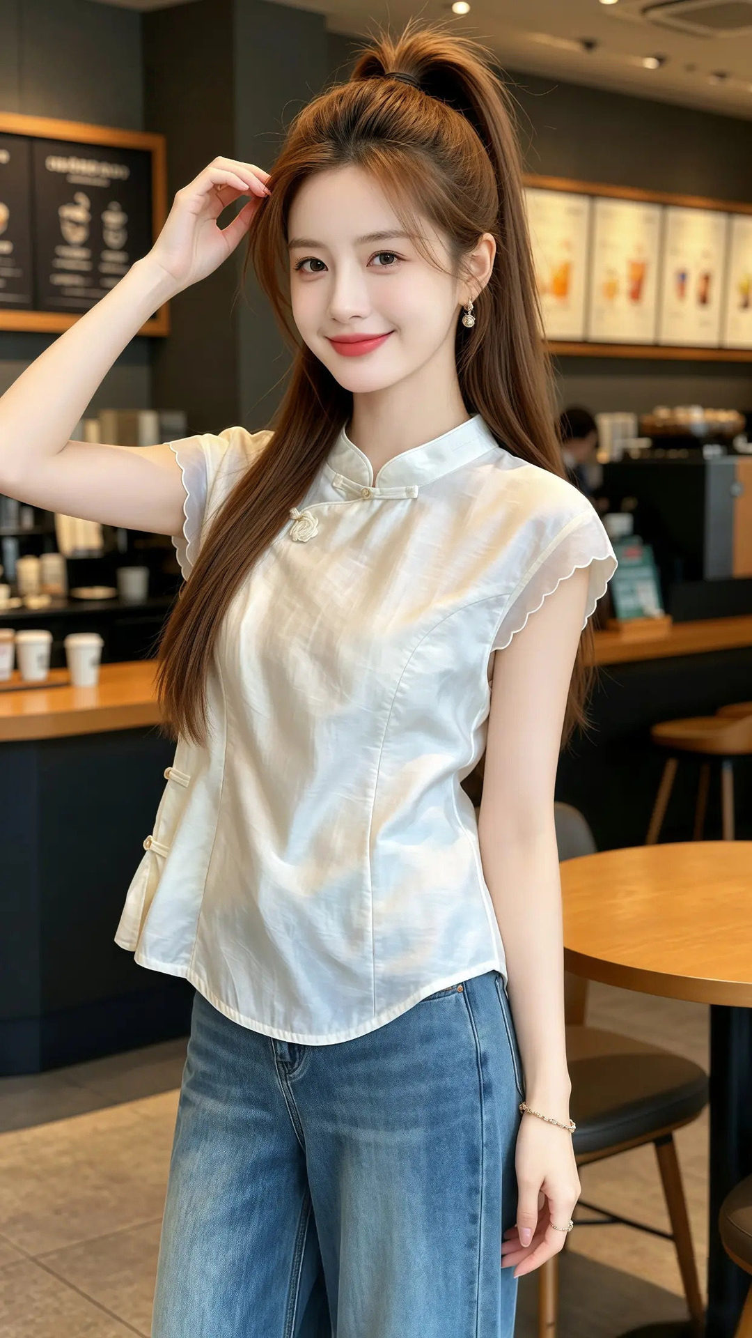 Áo sơ mi nữ tay ngắn cổ xẻ tà kiểu Trung Hoa hiện đại — màu trắng ngà chi tiết 2