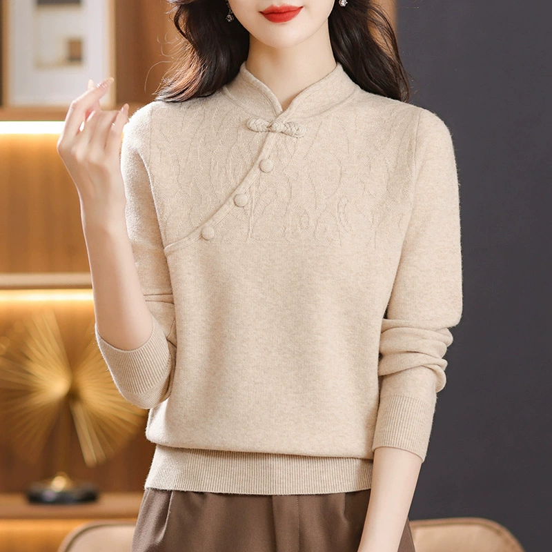 2024 Новый китайский стиль Топ с пряжкой в китайском стиле мама вязаный китайский красный свитер Женская осенне-зимняя нижняя рубашка внутренняя одежда