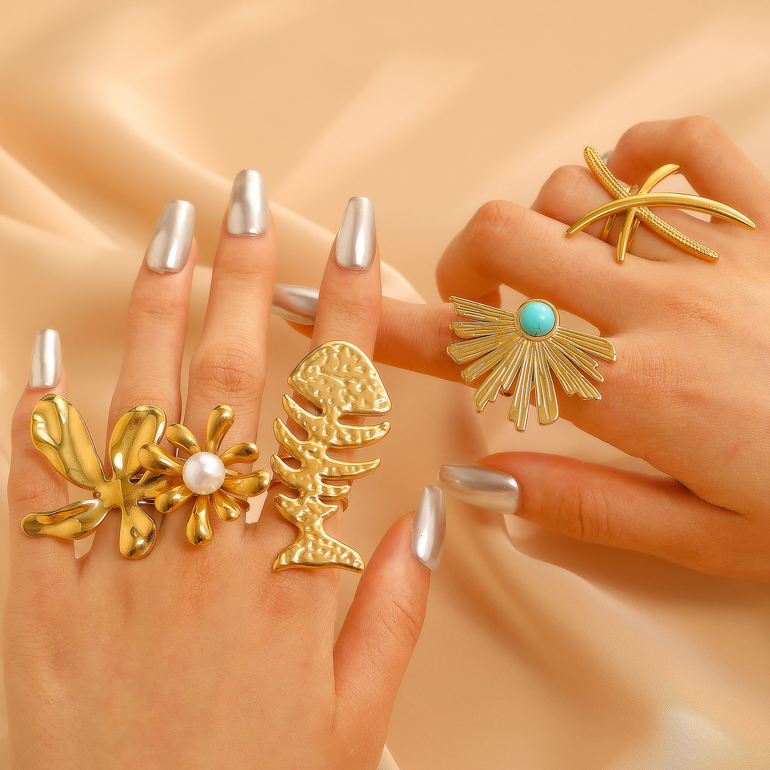 9g Weight Open Rings Classification 1 Piece Quantity Holiday, Daily Occasion 304 Stainless Steel Material Flower Pattern All Seasons Season Women's Gender Plating Design Vacation, Classic Style Style Wholesale Jewelry Vacation Classic Style Flower 304 Stainless Steel Plating Open Rings 1
