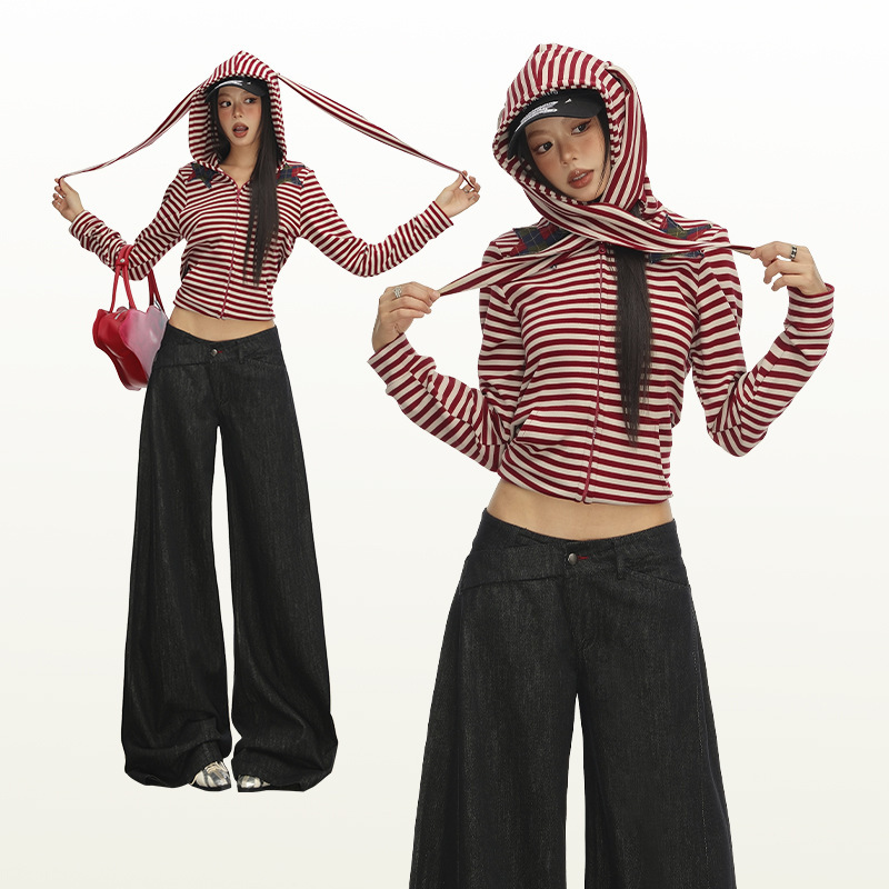 25Th Ootd! Red Buttonhole Low-Waist Loose A-Line Washed Original Color Jeans for Women Slimming Look Wide-Leg Pants Trendy