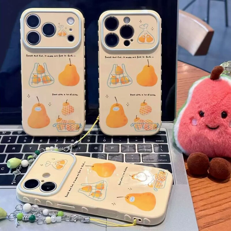 Suitable for Apple 18PRO phone case, color-blocking hand-painted pear mesh bag, fruit-themed iPhone 17/13 anti-drop protective cover Suitable for Apple 18PRO phone case, color-blocking hand-painted pear mesh bag, fruit-themed iPhone 17/13 anti-drop protective cover