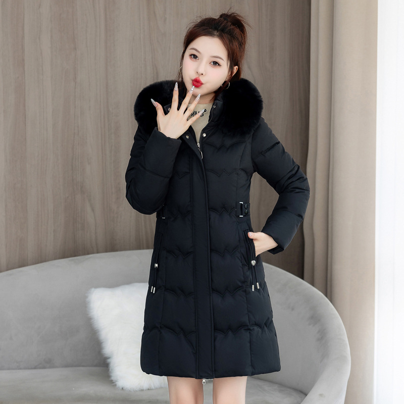 Women's Clothing Large Fur Collar New Cotton Jacket Winter Coat Mid Length Hooded Cotton Jacket Waist Rope Slim Thickened Cotton Jacket_voghion.com