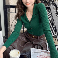 港风早秋复古显瘦翻领针织衫女长袖修身上衣