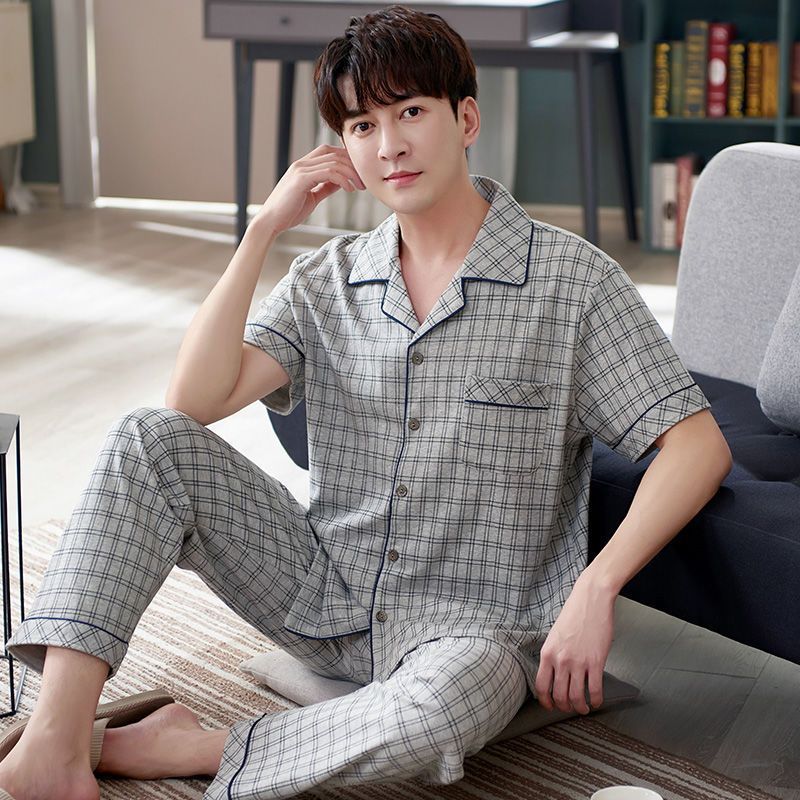 Pijamas de verano delgados de algodón pantalones de manga corta de hombre delgados de verano grande conjunto de ropa de casa