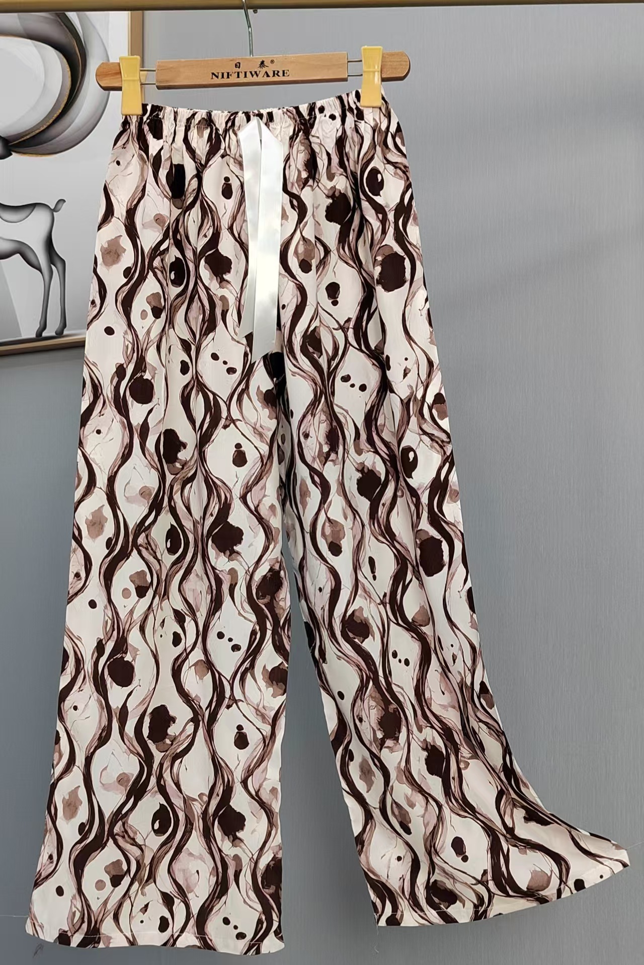 Pijama de seda de algodón para mujer, pantalones anchos de mujer embarazada de seda de algodón con estampado fino de verano