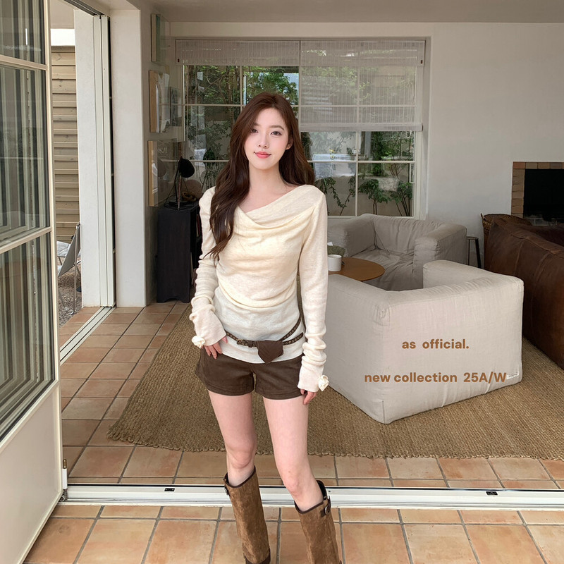 AS OFFICIAL满分秋日袖口小花朵设计荡领不规则简约洋气针织衫女|undefined