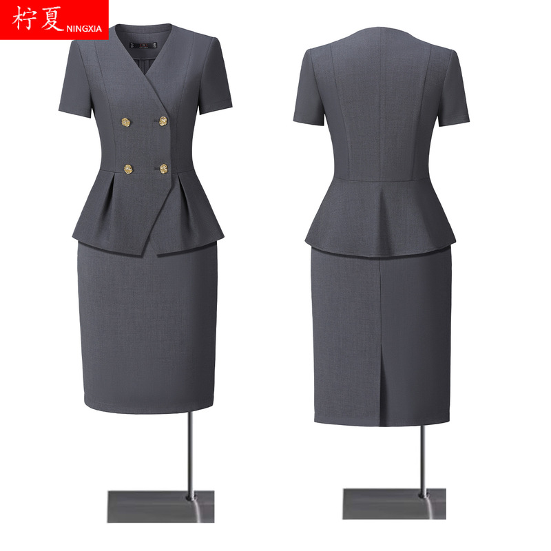 Double-Breasted Short-Sleeved Suit for Women, Summer Thin Style Professional Attire, Elegant High-End Workwear for Hotel Front Desk Managers Double-Breasted Short-Sleeved Suit for Women, Summer Thin Style Professional Attire, Elegant High-End Workwear for Hotel Front Desk Managers