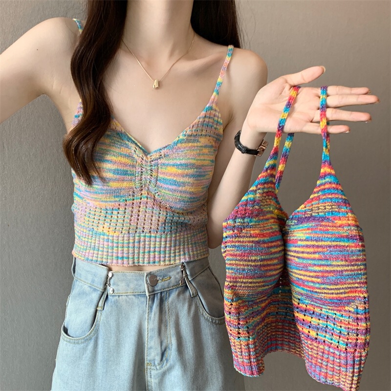 Dopamine Rainbow Camisole with Chest Pads for Women, French-Style Sleeveless Crochet Outerwear, Thai-Style Sweet and Spicy Tube Top Knitwear