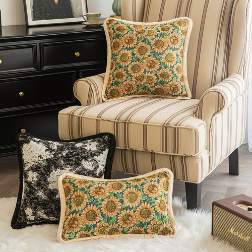 European classical jacquard throw pillow cover oil painting sunflower tassel waist pillow cover living room sofa cushion cushion cover