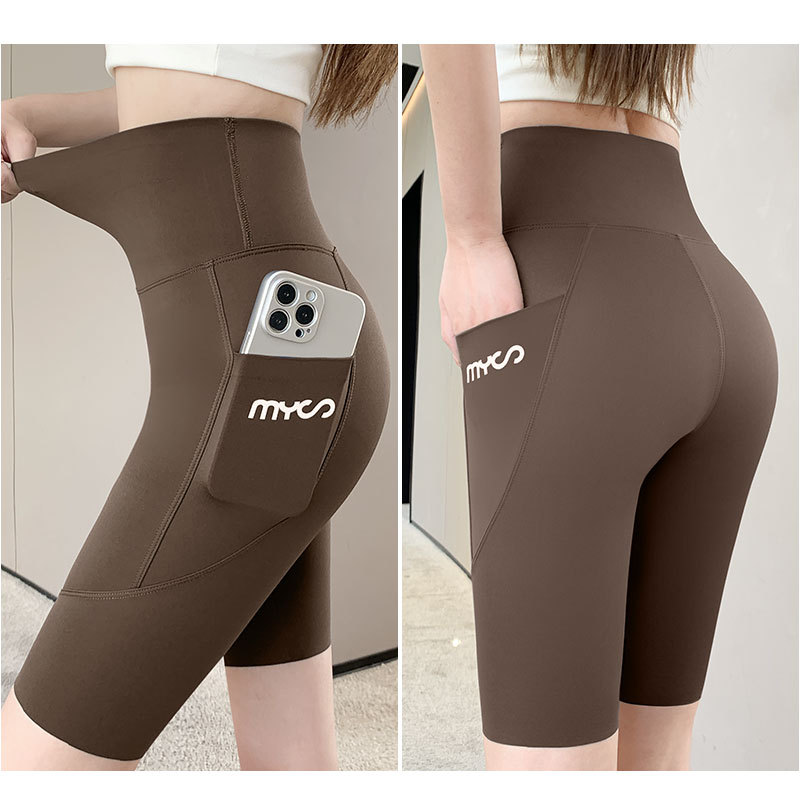 5/4 Shark Pants Tight Pocket Mobile Phone Abdomen Tightening and Hip Lifting Yoga Fitness Summer Thin Sports Barbie Leggings