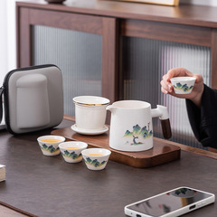 玉磁器旅行茶器セット卸売り快客杯一壺四杯国潮携帯型屋外高級陶磁器木柄