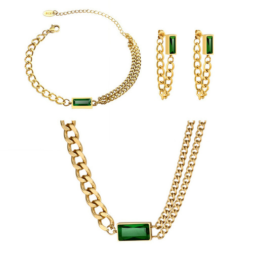 European and American trendy emerald zircon three-piece set stacked retro small square necklace bracelet earrings set decoration for women