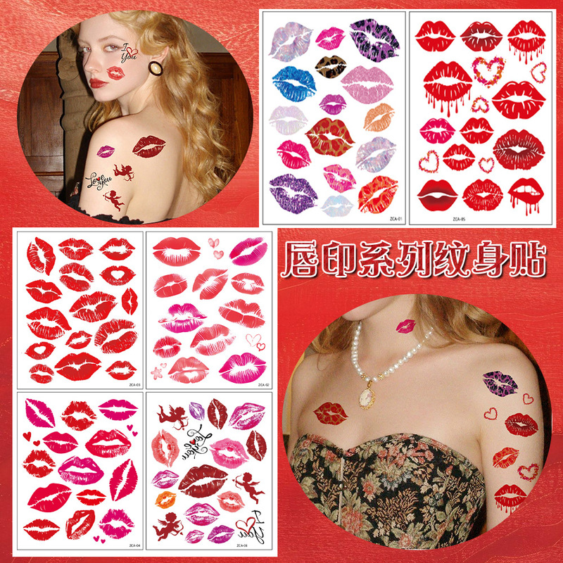 Cross-Border Amazon New Sexy Lip Tattoo Stickers Fox Leopard Print Lip Print Love Rose Temporary Tattoo Stickers