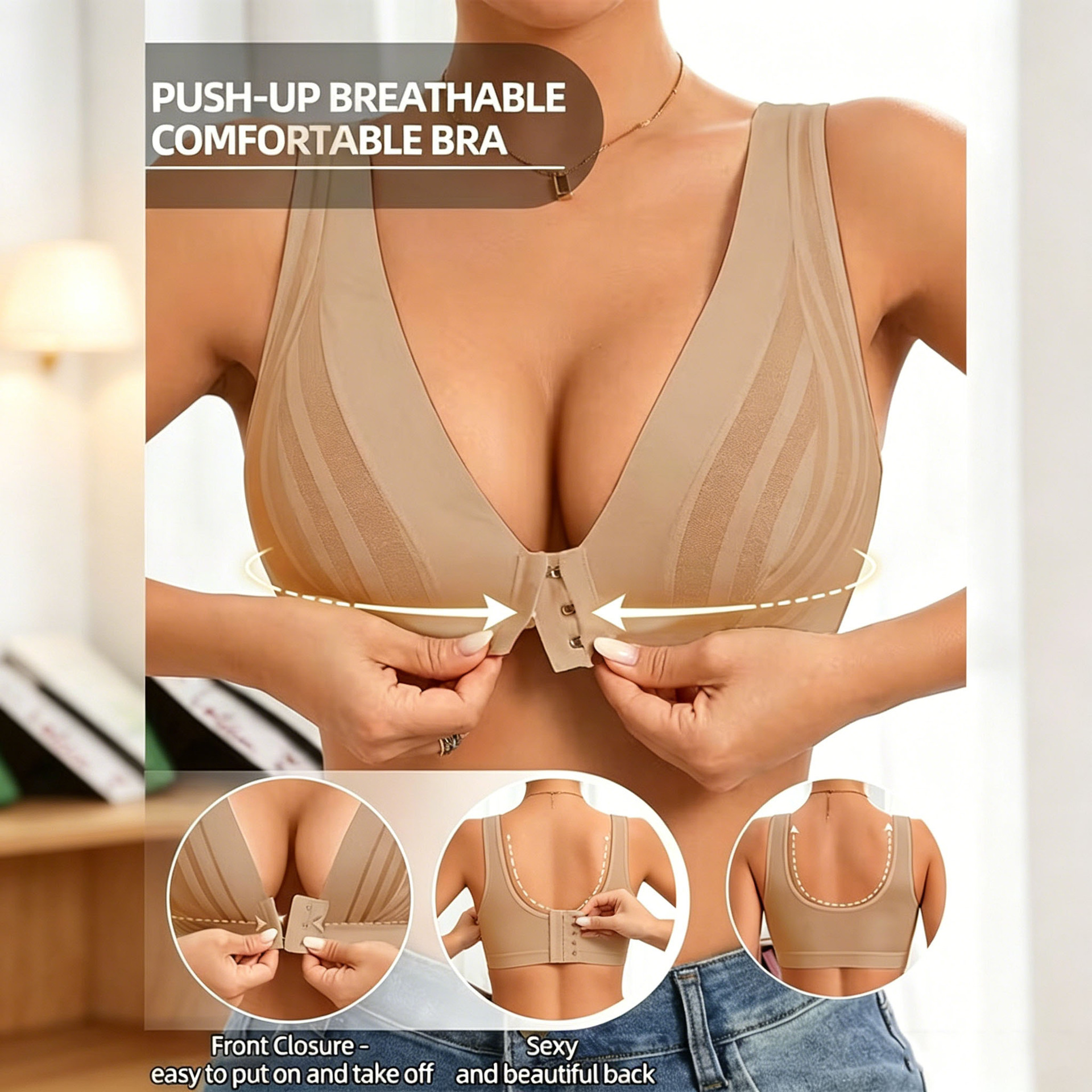 Cross-Border European and American Style Sexy Sheer Lace Mesh Lingerie Deep V Front Buckle Simple Wireless Nursing Bra Thin Strapless Bra