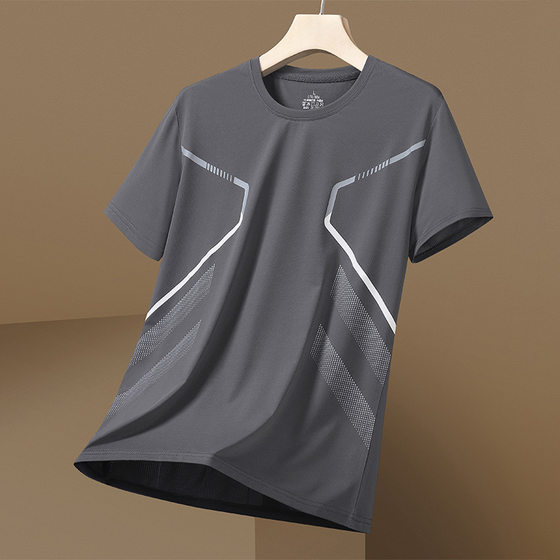 Summer Ice Silk Short-sleeved T-shirt Men's Fitness Quick-drying Breathable Thin Loose Elastic Round Neck Top T-shirt