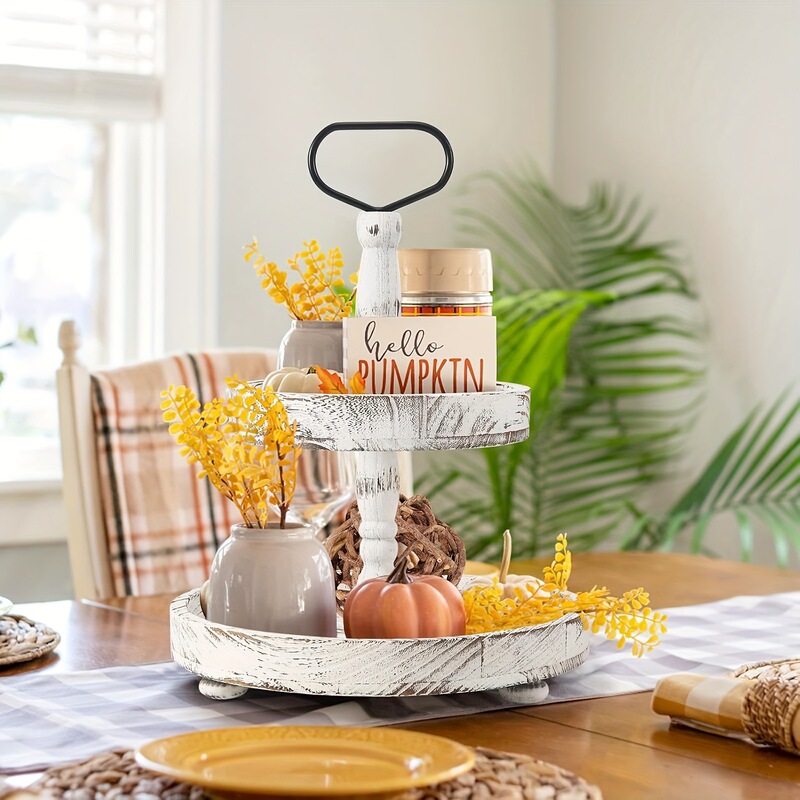 Farmhouse Wooden Tiered Tray Christmas Decoration with Handle Cupcake Stand Paulownia Wood Round Dessert Double-Layer Tray Farmhouse Wooden Tiered Tray Christmas Decoration with Handle Cupcake Stand Paulownia Wood Round Dessert Double-Layer Tray