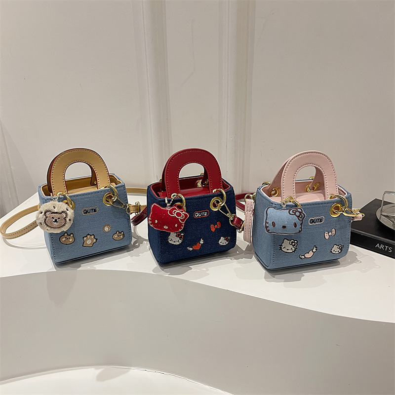2026 New Cute Cat Embroidered Mini Pillow Bag for Girls - Denim Handbag/Crossbody Bag