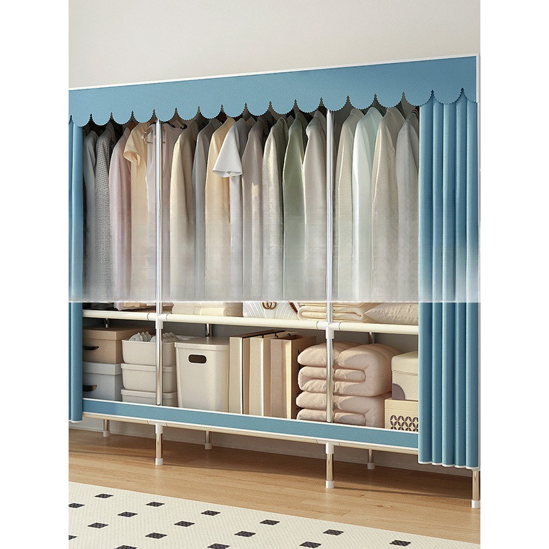 Simple Wardrobe for Home Bedroom, Fabric Wardrobe for Rental Use, Sturdy and Durable, Assembled, Simple Modern Steel Pipe Wardrobe