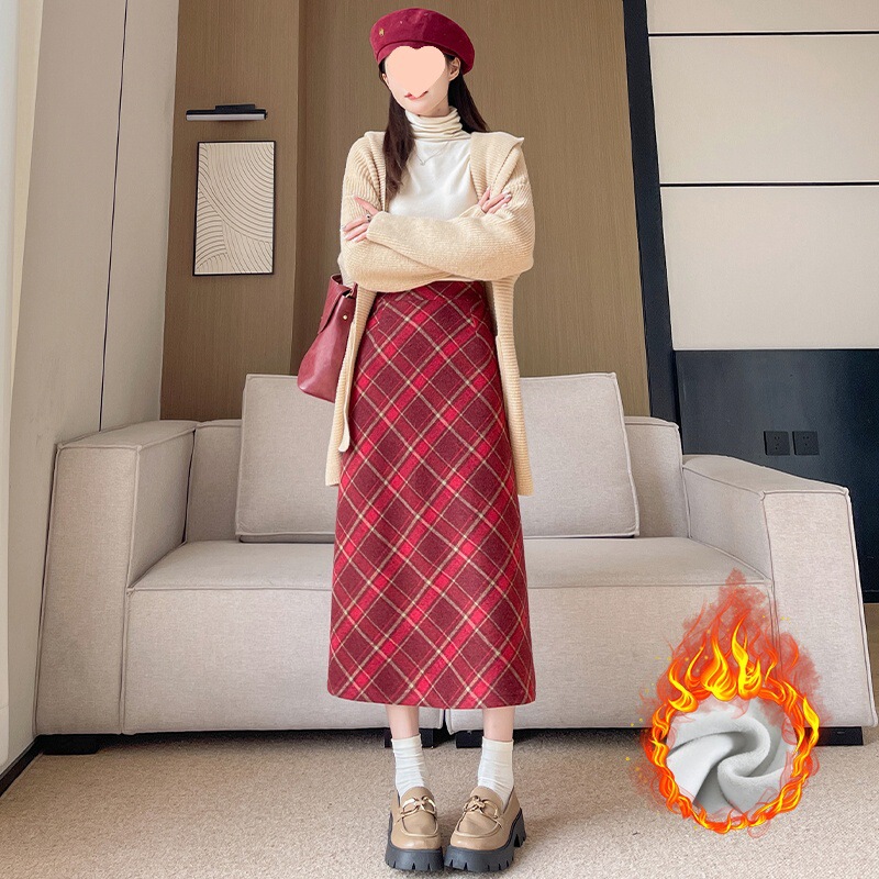 灰色毛呢格子半身裙女春秋加绒2025新款高腰显瘦字中长款包臀裙|undefined