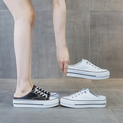 Heelless half-support shoes for women 2024 summer women's shoes with elastic straps, lazy one-legged leather thick-soled toe-cap half slippers