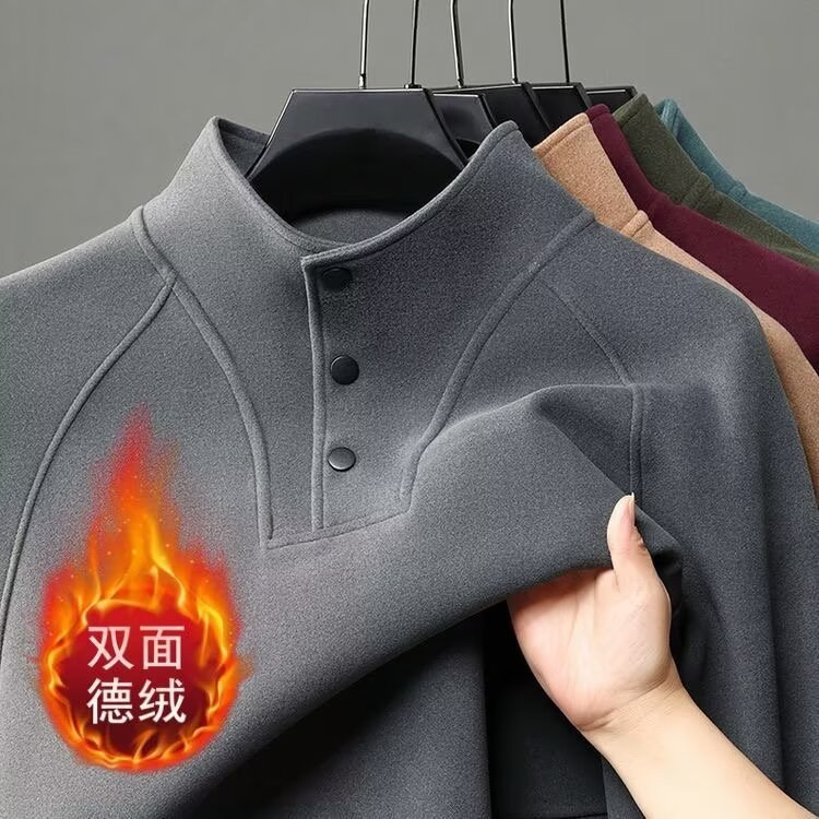 Comercio exterior hombre guapo cuello vertical camiseta de manga larga hombre chaqueta caliente con la camiseta de botón de cuello medio alto